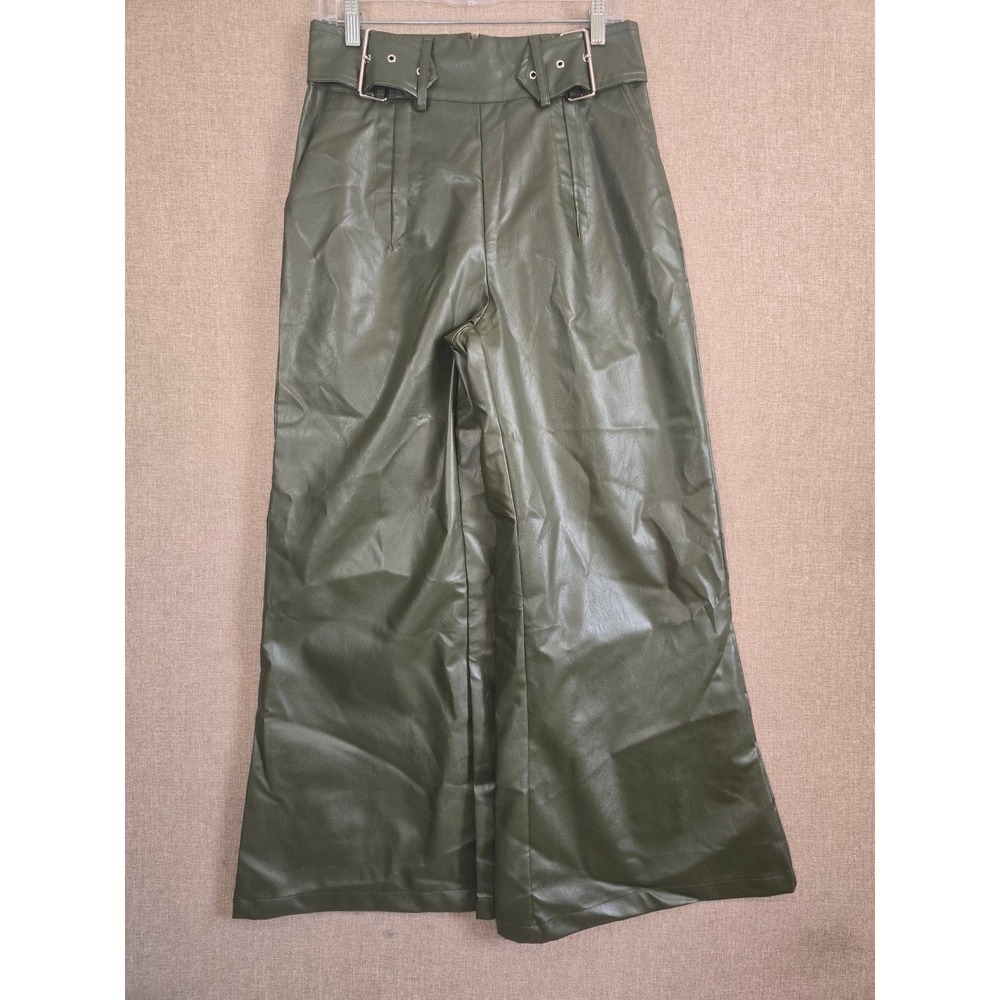 Olive Green Faux Leather Wide Leg Pants Double Buckle Belted High Waist XL